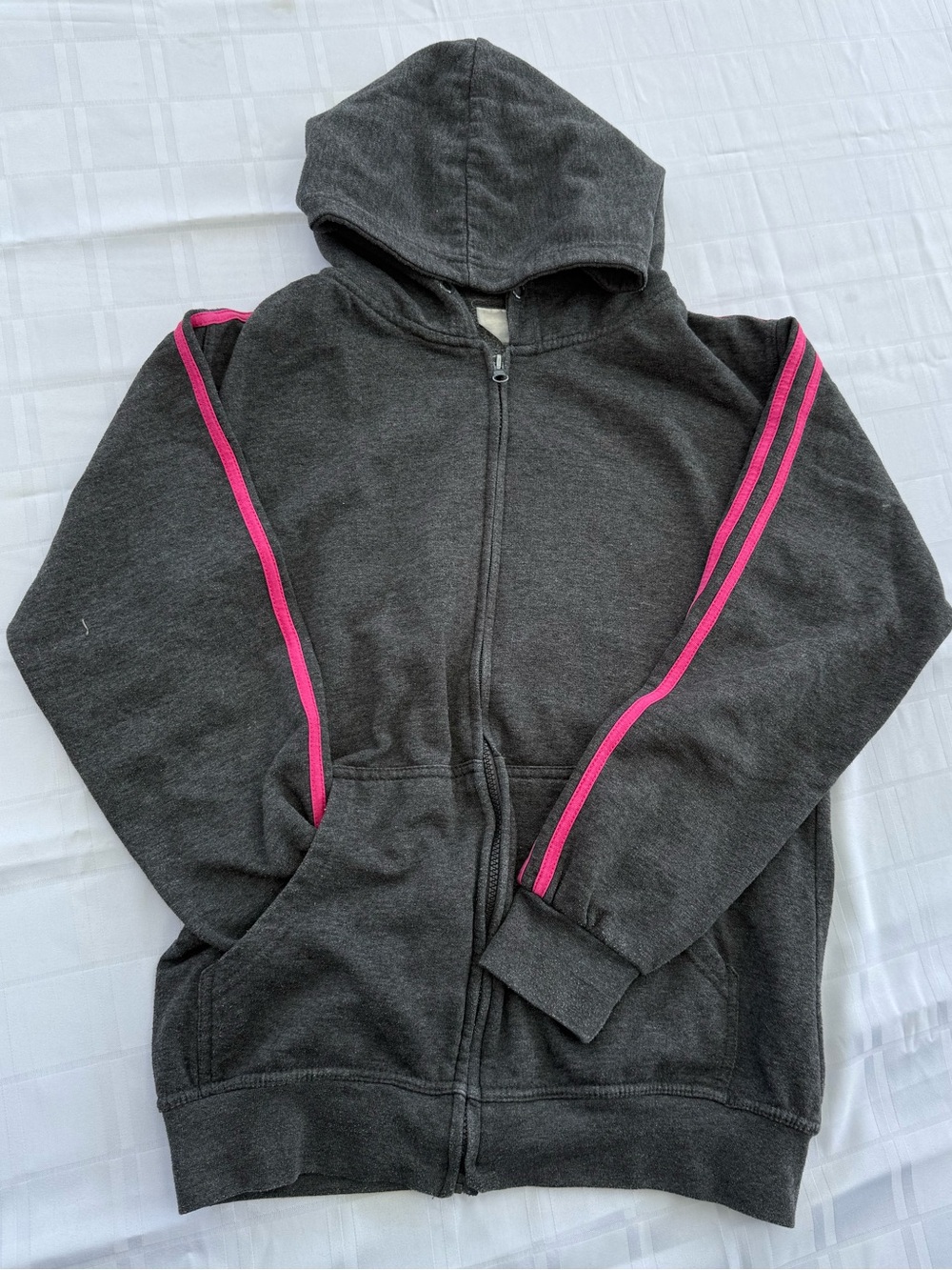 Dark Gray Zip-Up Hoodie with Pink Stripe